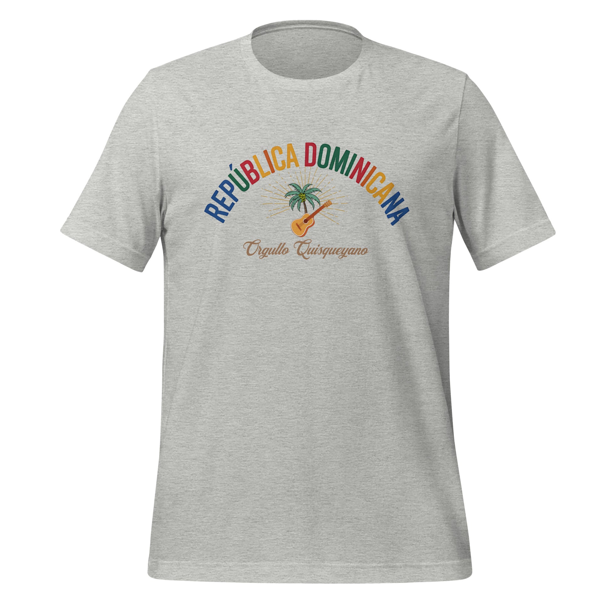 T-shirt con diseño colorido del país República Dominicana con texto “República Dominicana – Orgullo Caribeño”.