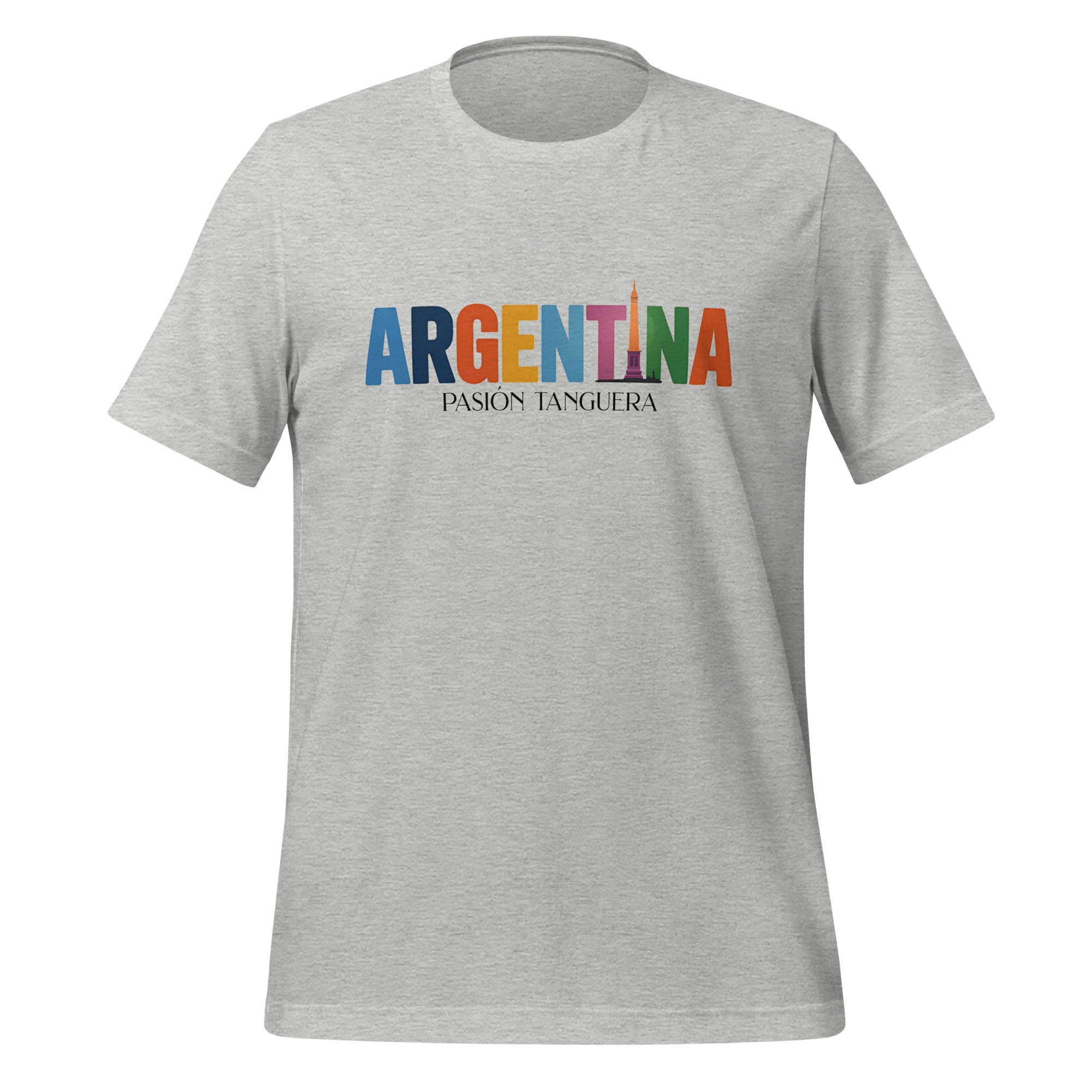 T-shirt con diseño colorido del país Argentina con texto “Argentina – Pasión y Cultura”.