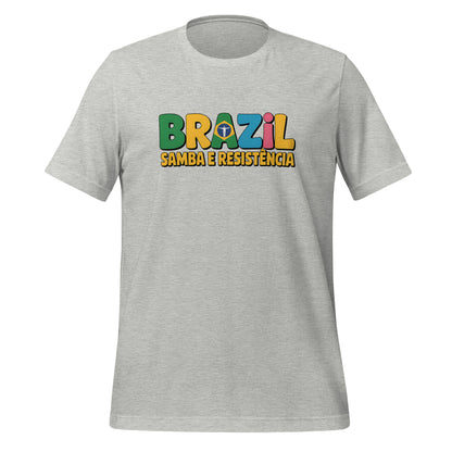 T-shirt con diseño colorido del país Brazil con texto “Brazil – Samba e Resistência”.