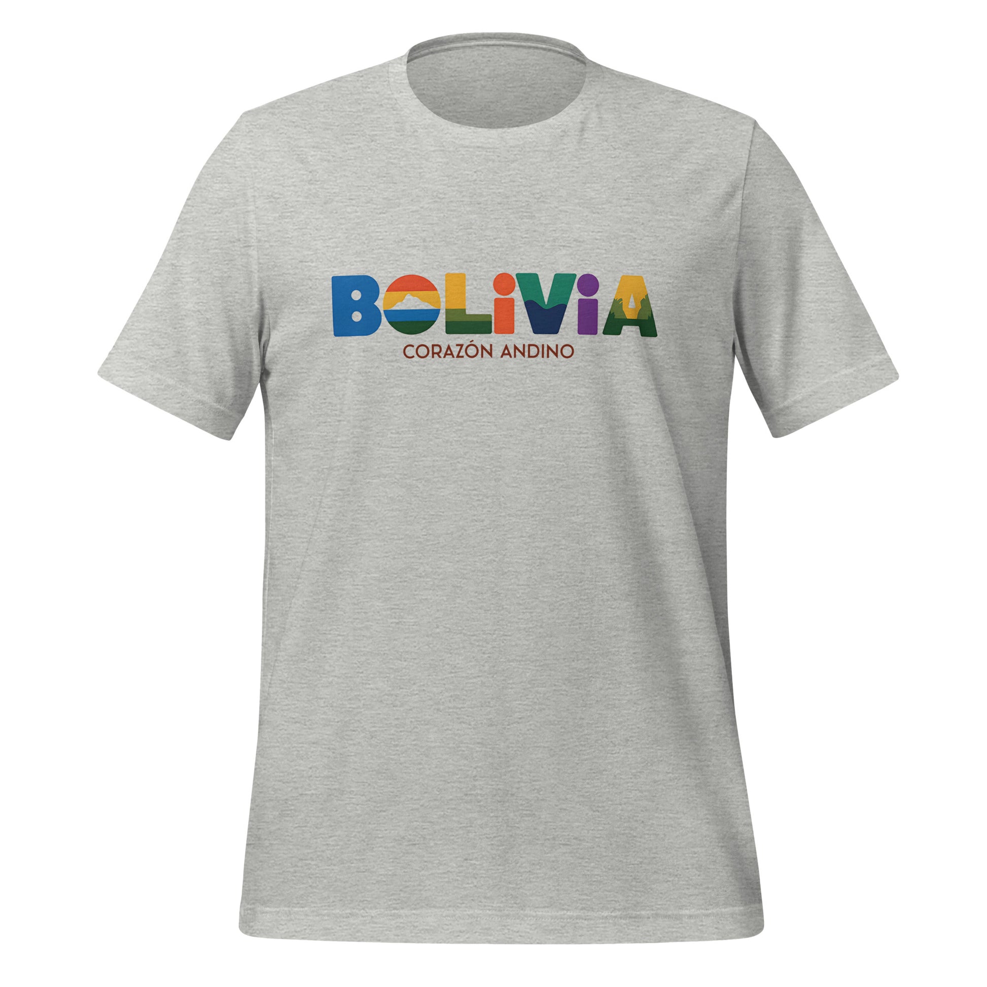 T-shirt con diseño colorido del país Bolivia con texto “Bolivia – Corazón Andino”.