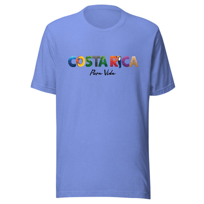 T-shirt con diseño colorido del país Costa Rica con texto “Costa Rica – Pura Vida”.