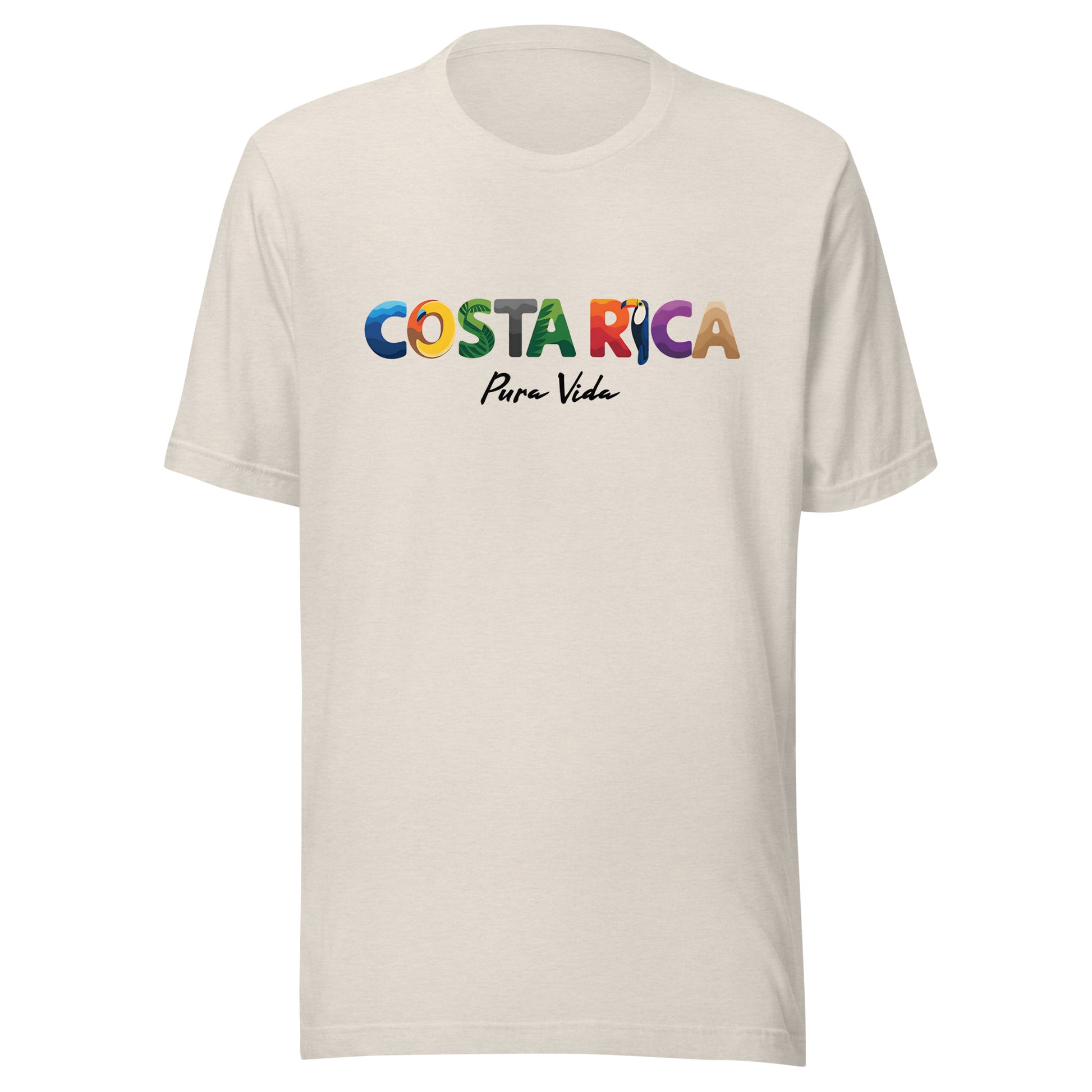 T-shirt con diseño colorido del país Costa Rica con texto “Costa Rica – Pura Vida”.