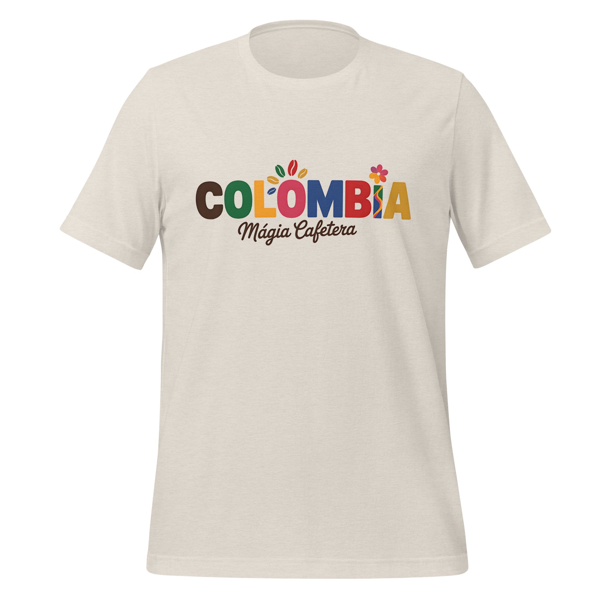 T-shirt con diseño colorido del país Colombia con texto “Colombia – Magia Cafetera”.