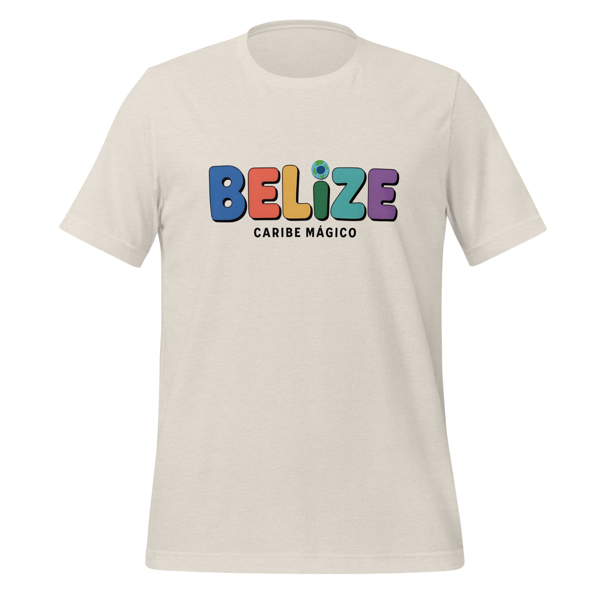 T-shirt con diseño colorido del país Belize con texto “Belize – Caribe Mágico”.