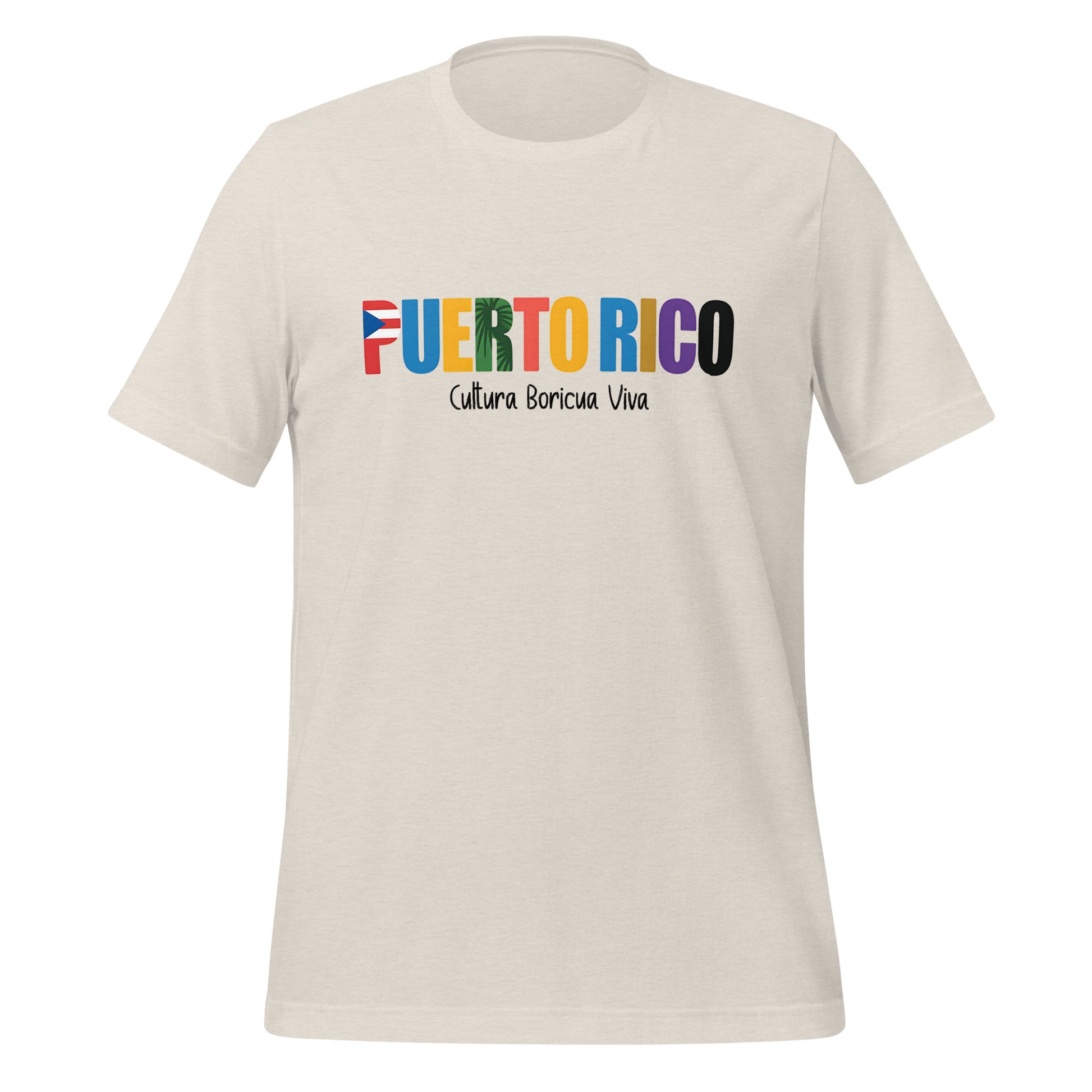 T-shirt con diseño colorido del país Puerto Rico con texto “Puerto Rico – Cultura Boricua Viva”.