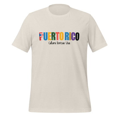 T-shirt con diseño colorido del país Puerto Rico con texto “Puerto Rico – Cultura Boricua Viva”.