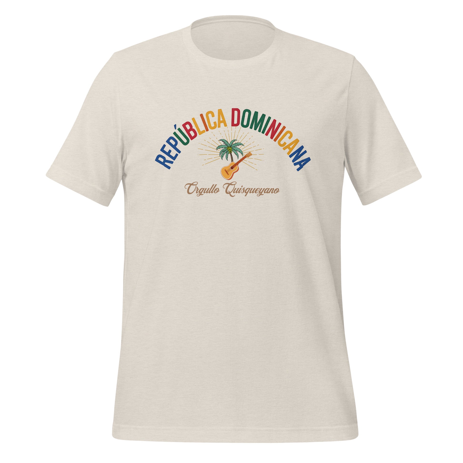 T-shirt con diseño colorido del país República Dominicana con texto “República Dominicana – Orgullo Caribeño”.