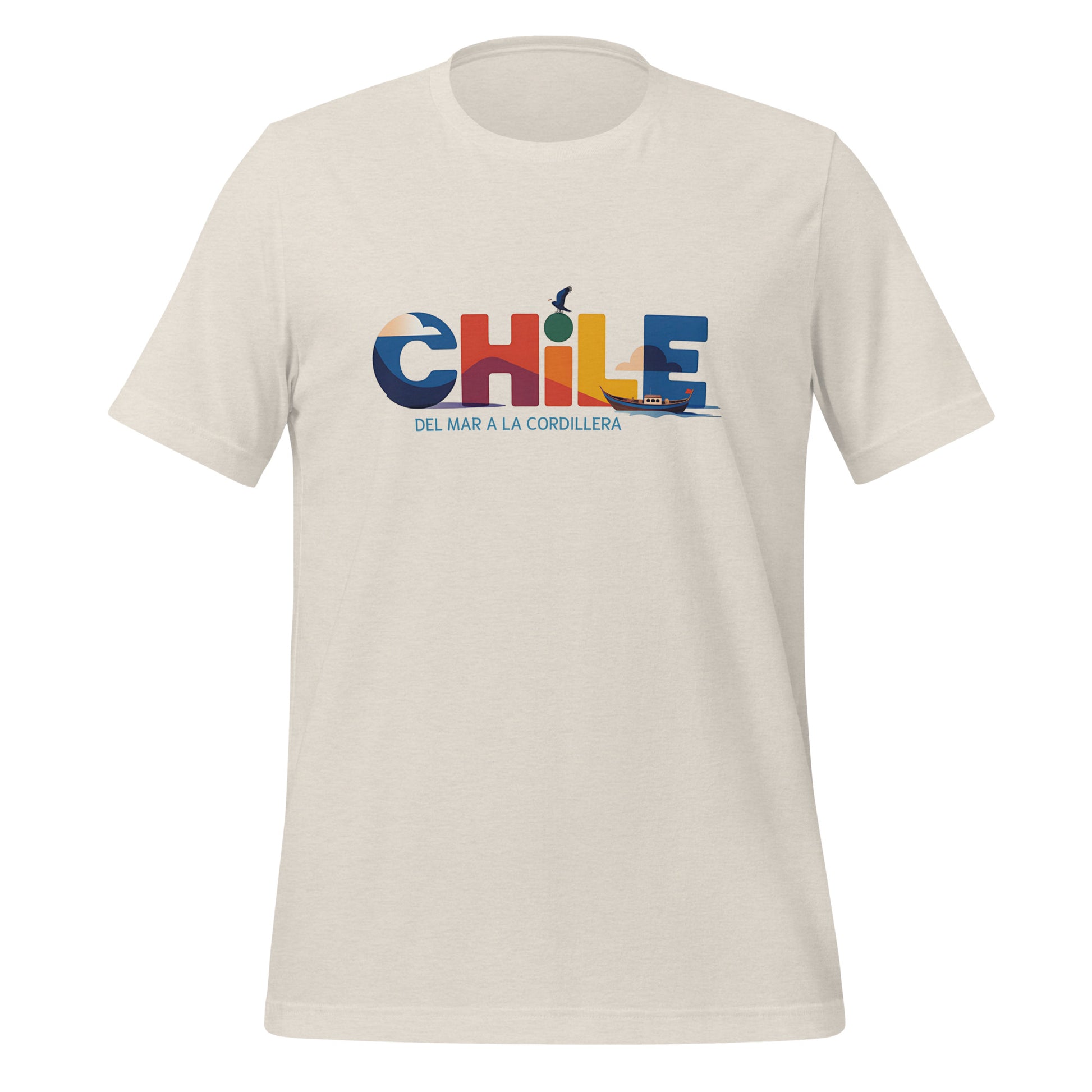 T-shirt con diseño colorido del país Chile con texto “Chile – Del Mar a la Cordillera”.