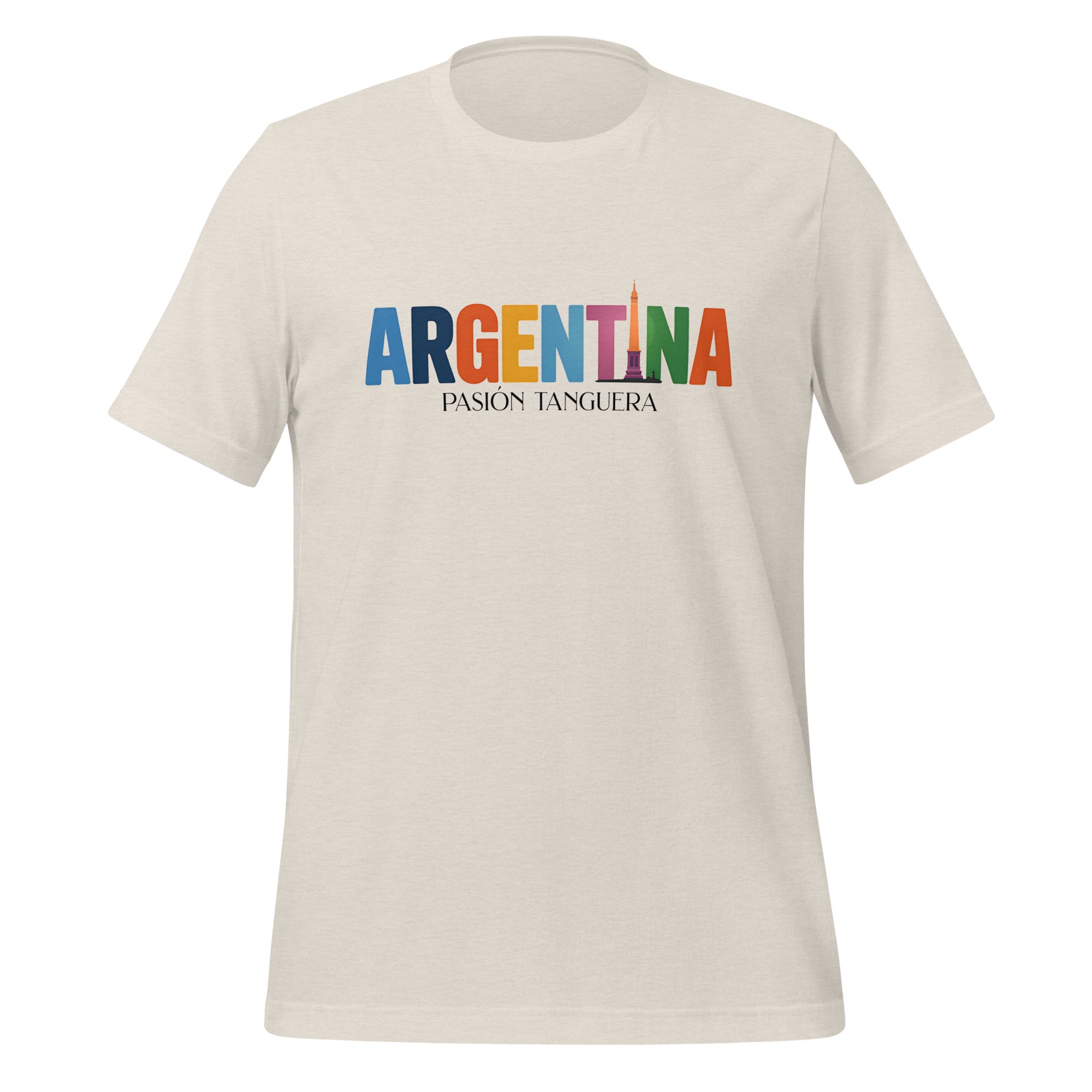 T-shirt con diseño colorido del país Argentina con texto “Argentina – Pasión y Cultura”.