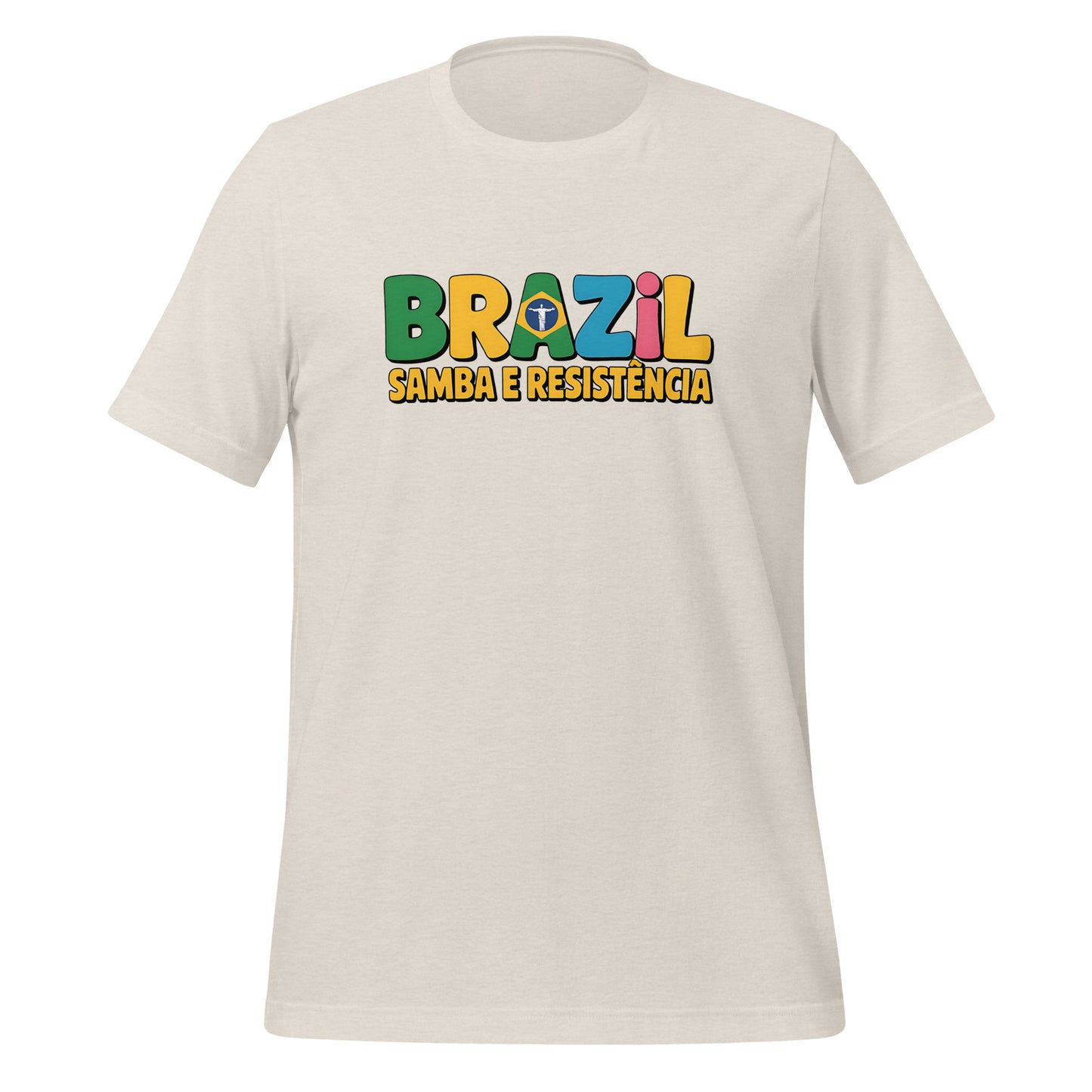 T-shirt con diseño colorido del país Brazil con texto “Brazil – Samba e Resistência”.