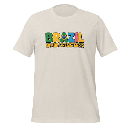 T-shirt con diseño colorido del país Brazil con texto “Brazil – Samba e Resistência”.