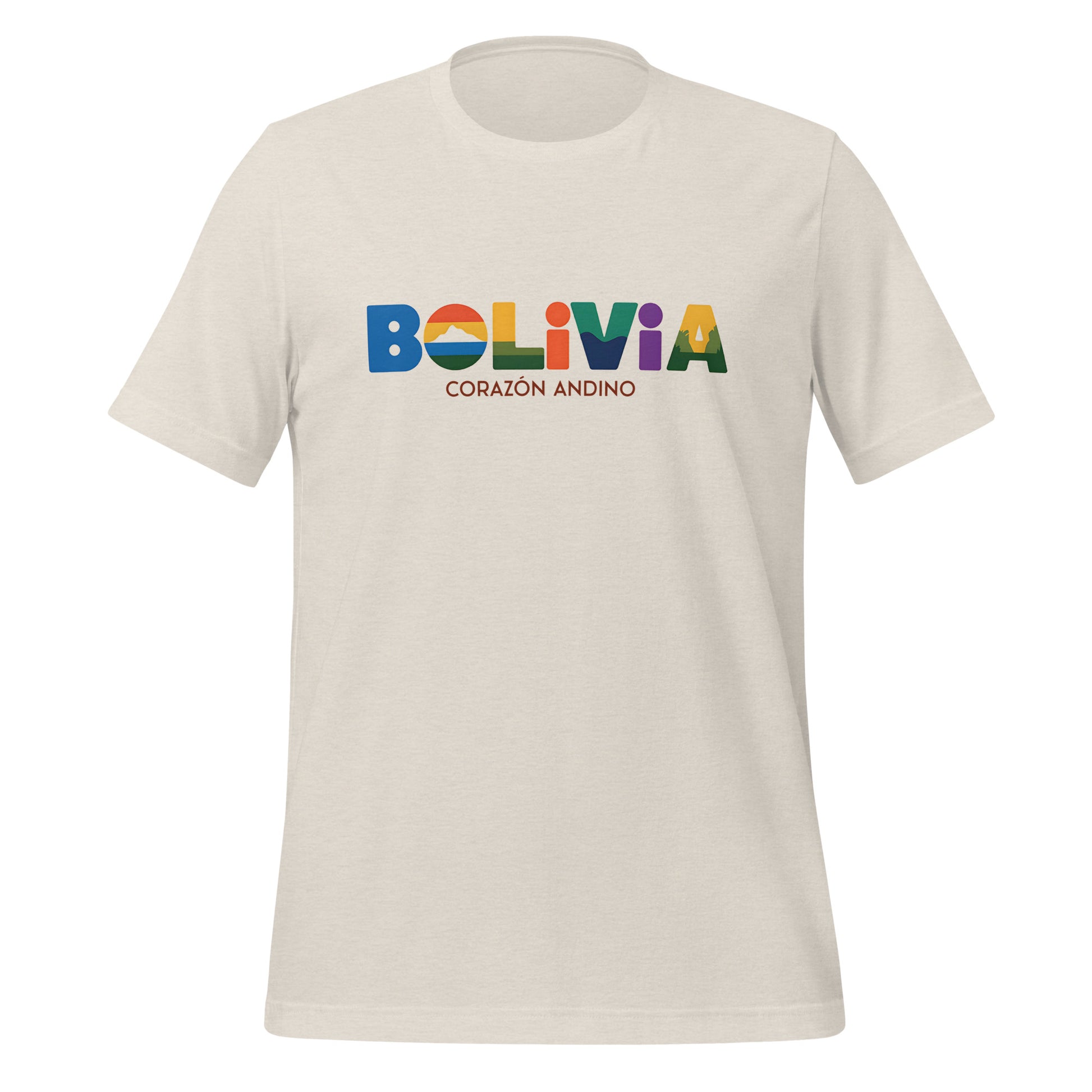 T-shirt con diseño colorido del país Bolivia con texto “Bolivia – Corazón Andino”.