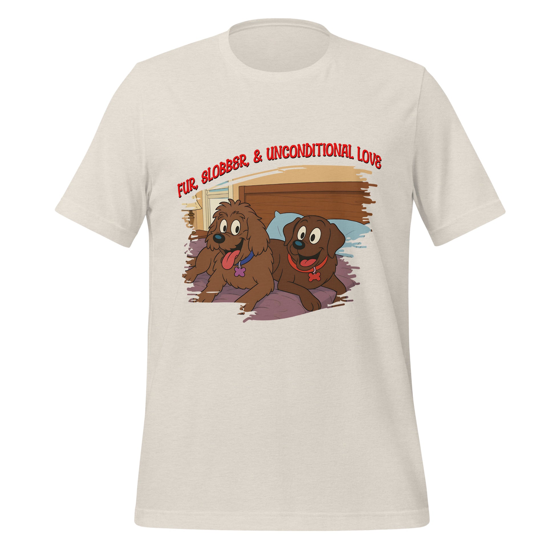 Cartoon T-shirt featuring two happy dogs named Jake and Maggie on a bed with the quote “Fur, Slobber, & Unconditional Love”

