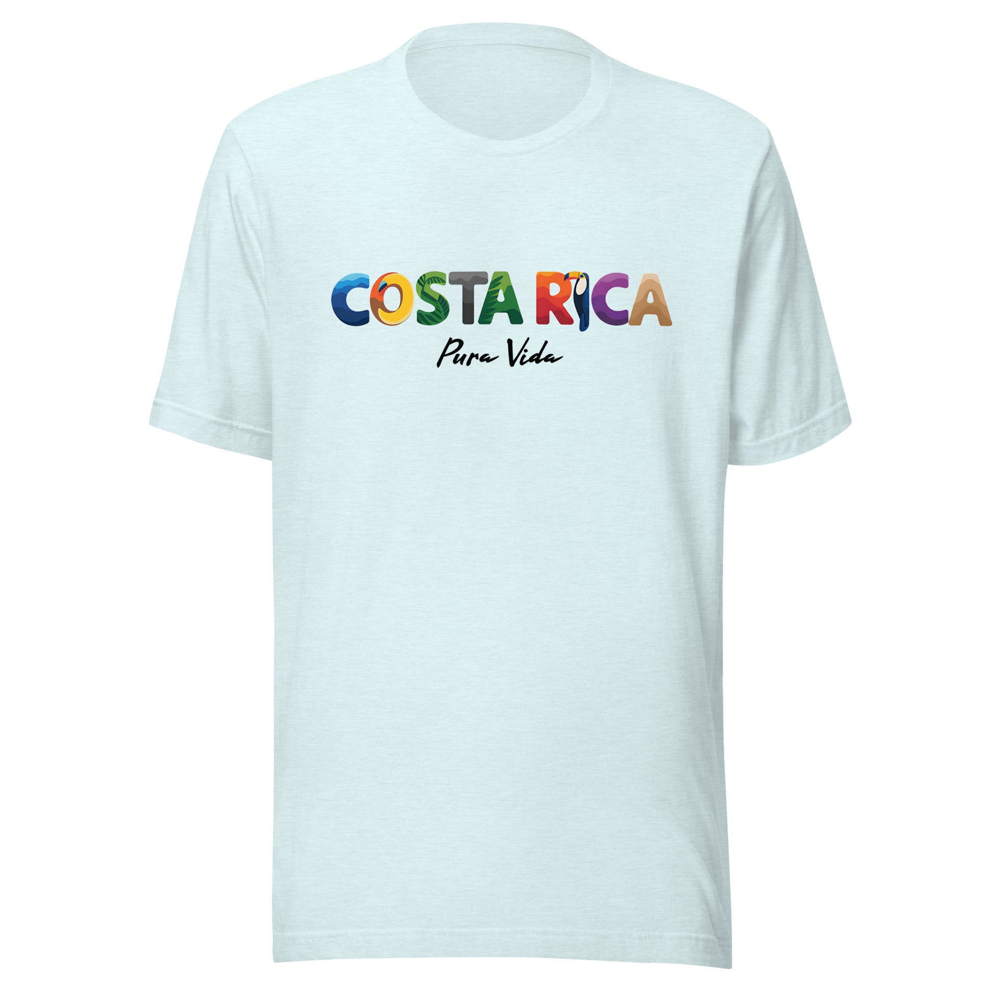 T-shirt con diseño colorido del país Costa Rica con texto “Costa Rica – Pura Vida”.