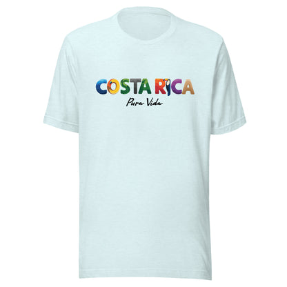 T-shirt con diseño colorido del país Costa Rica con texto “Costa Rica – Pura Vida”.