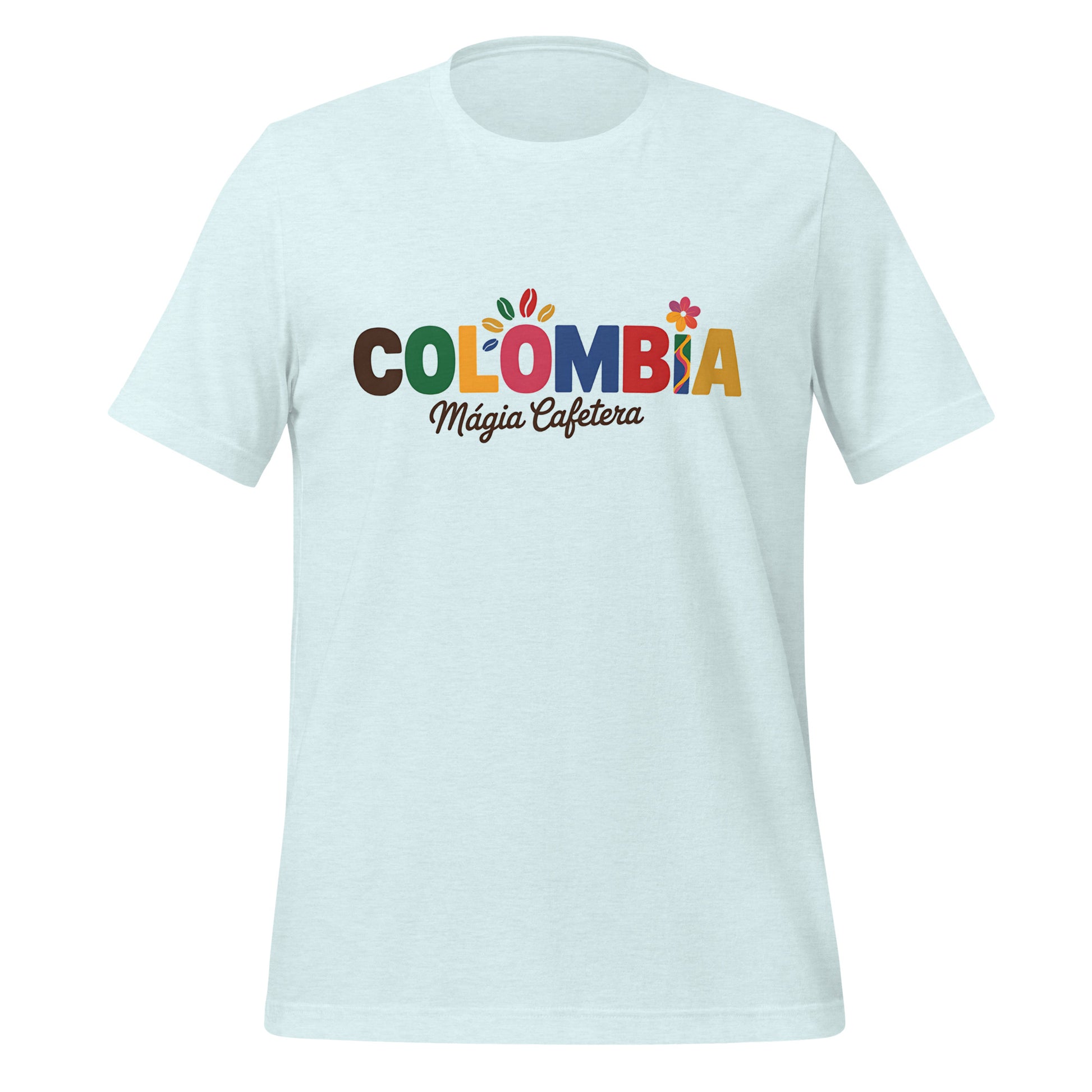 T-shirt con diseño colorido del país Colombia con texto “Colombia – Magia Cafetera”.