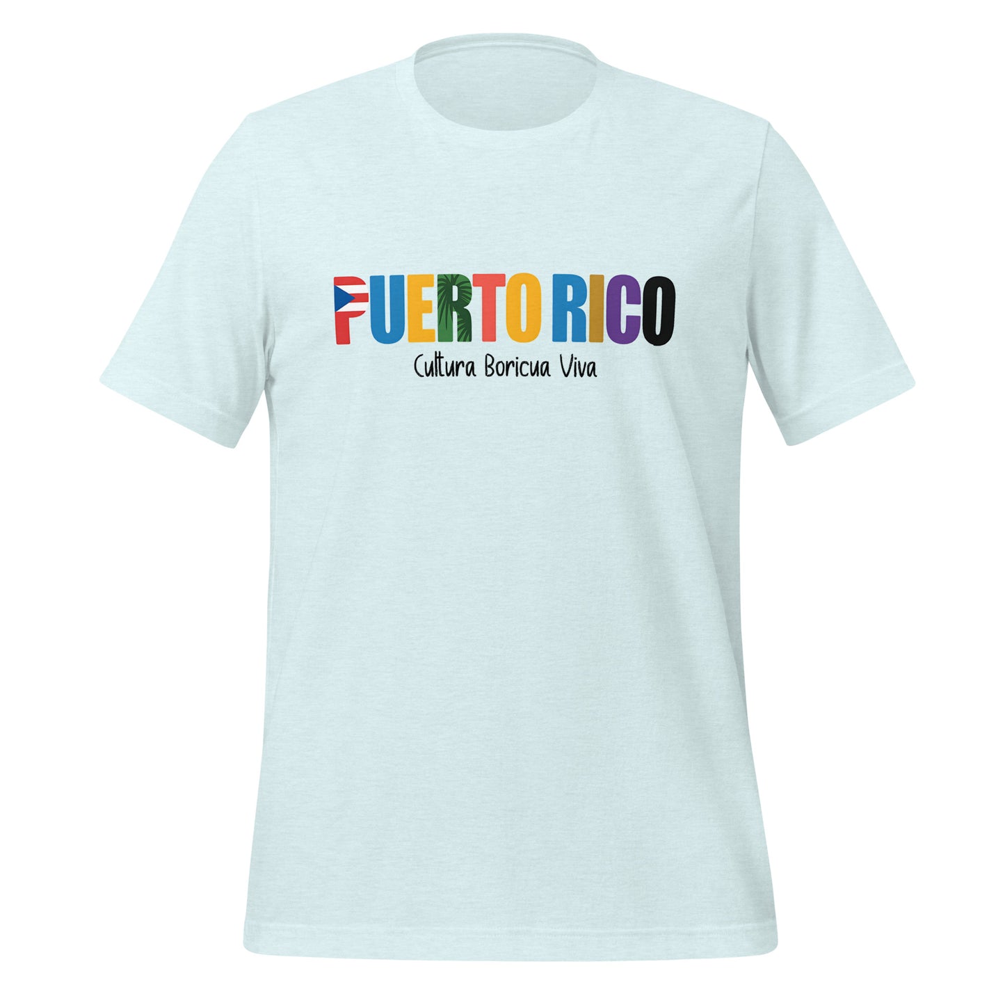 T-shirt con diseño colorido del país Puerto Rico con texto “Puerto Rico – Cultura Boricua Viva”.