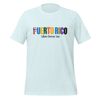 T-shirt con diseño colorido del país Puerto Rico con texto “Puerto Rico – Cultura Boricua Viva”.