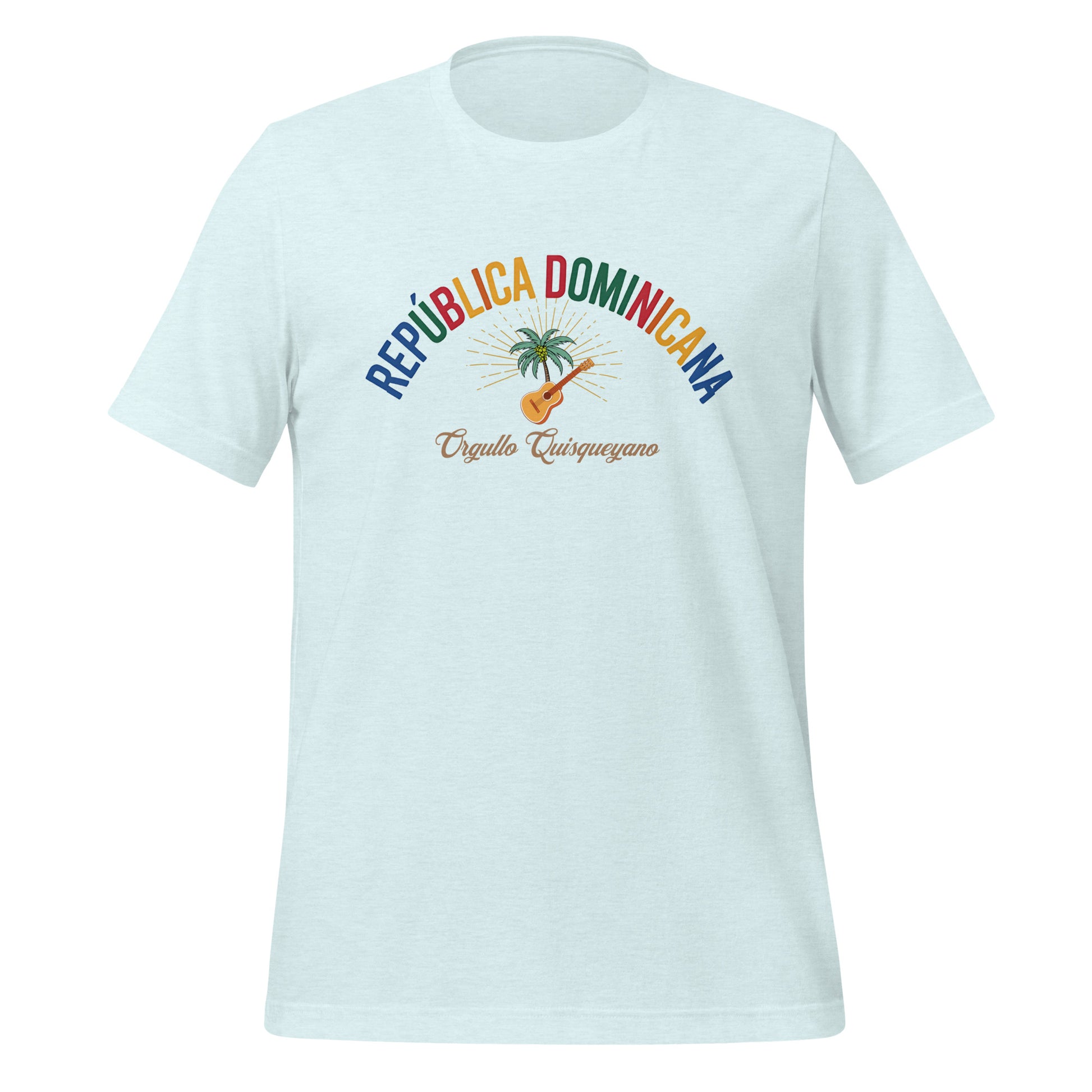 T-shirt con diseño colorido del país República Dominicana con texto “República Dominicana – Orgullo Caribeño”.