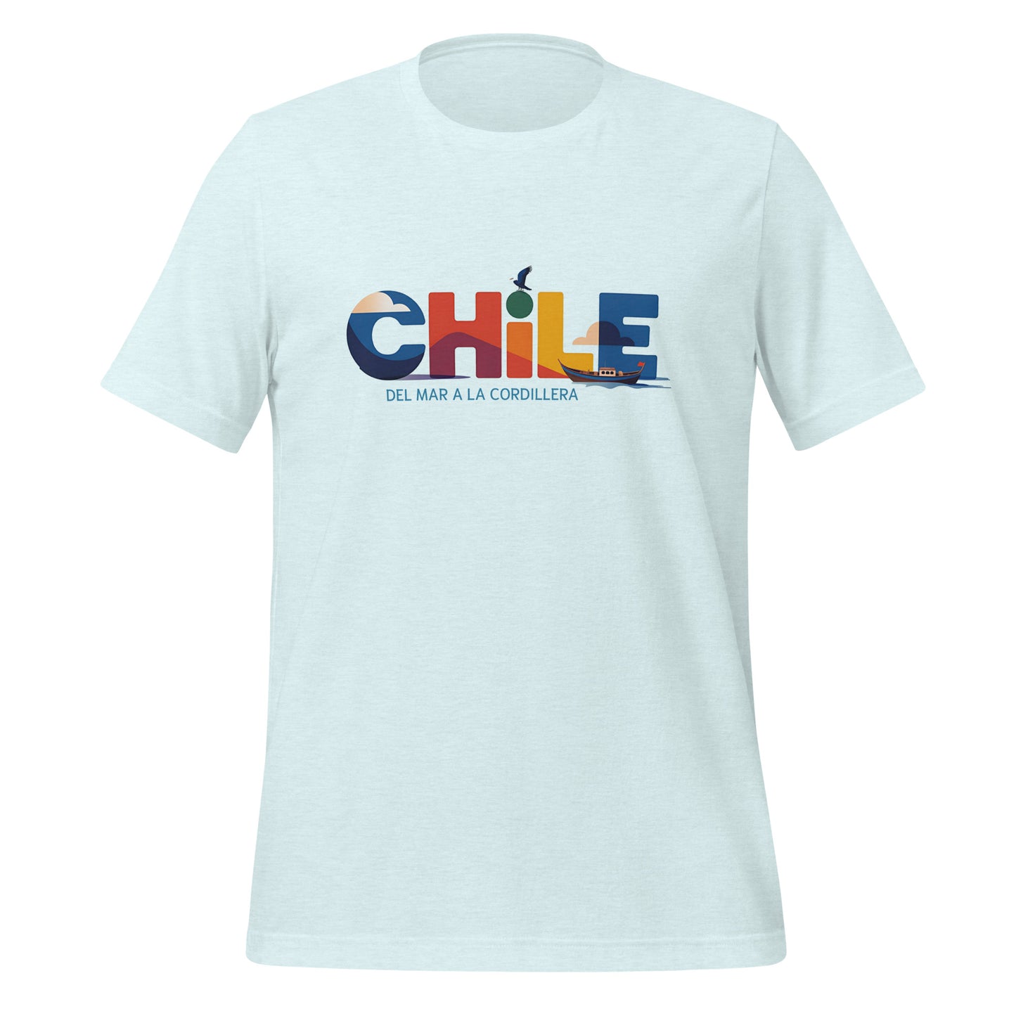 T-shirt con diseño colorido del país Chile con texto “Chile – Del Mar a la Cordillera”.