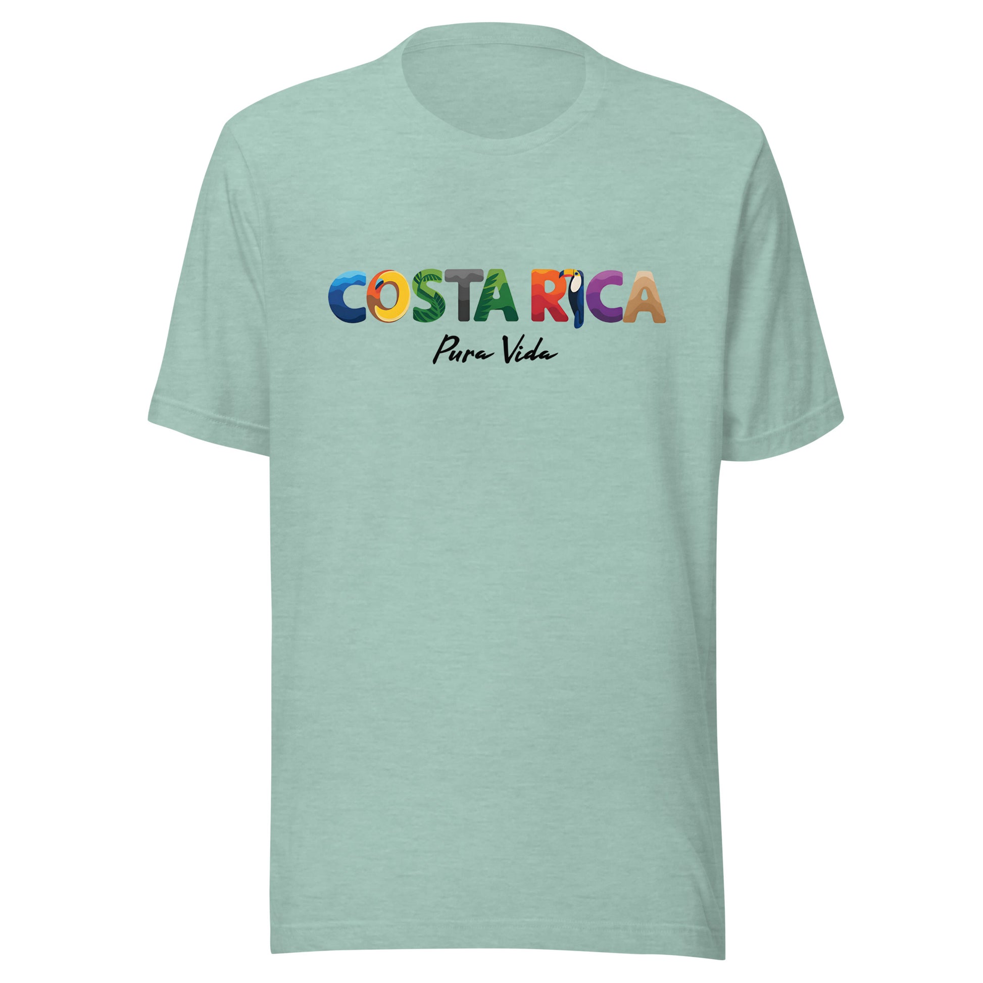 T-shirt con diseño colorido del país Costa Rica con texto “Costa Rica – Pura Vida”.