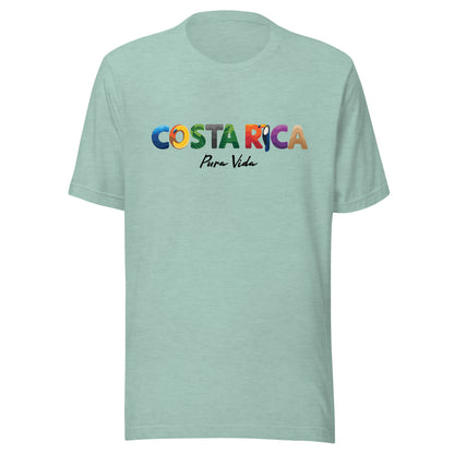 T-shirt con diseño colorido del país Costa Rica con texto “Costa Rica – Pura Vida”.