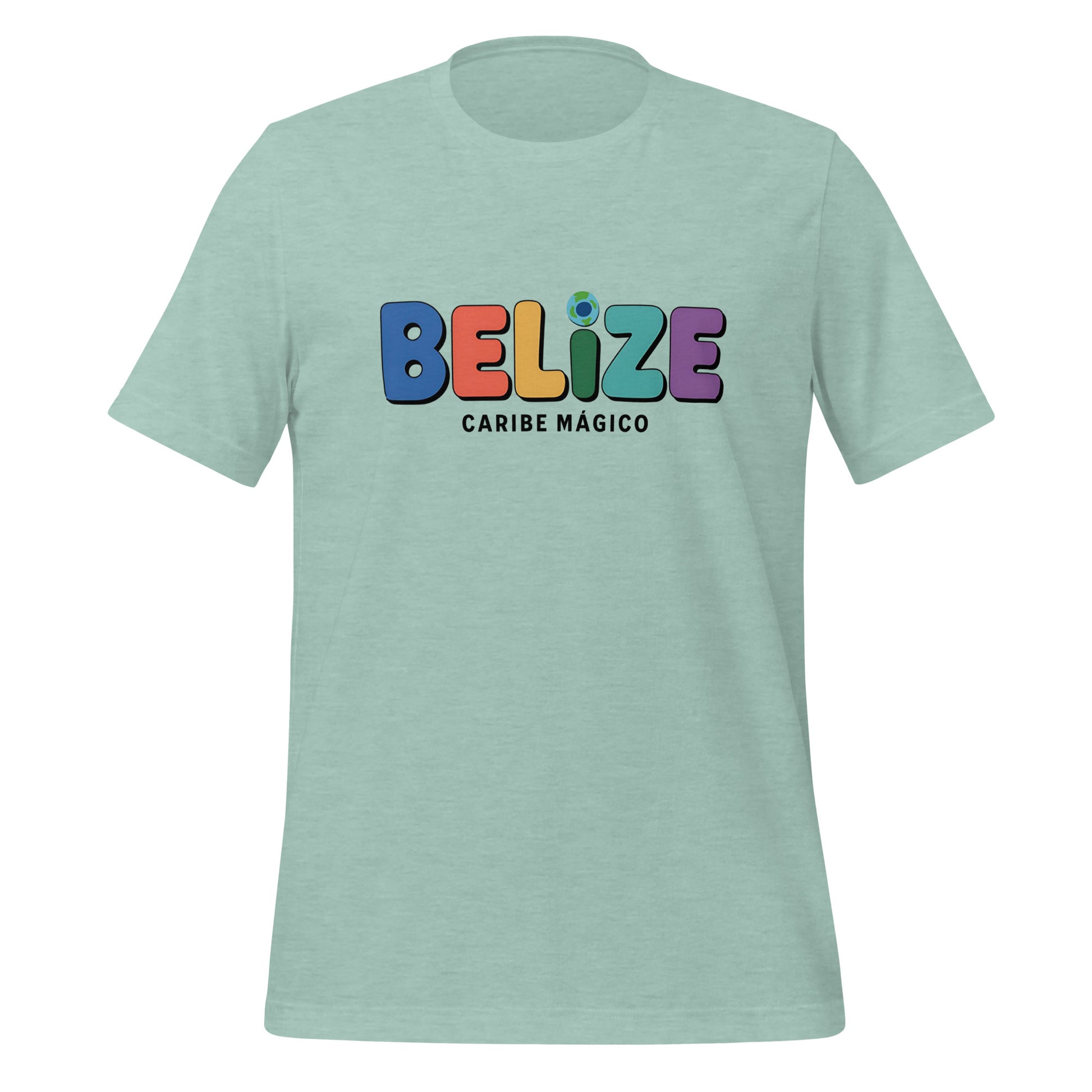 T-shirt con diseño colorido del país Belize con texto “Belize – Caribe Mágico”.