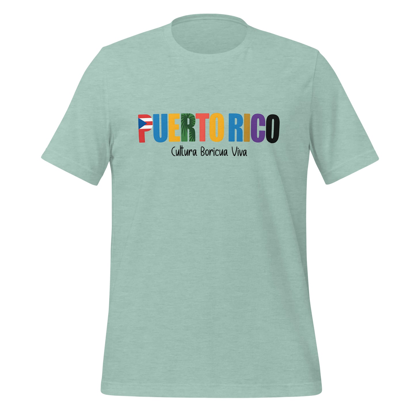 T-shirt con diseño colorido del país Puerto Rico con texto “Puerto Rico – Cultura Boricua Viva”.
