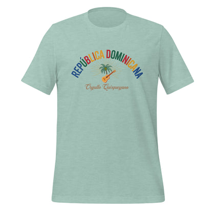 T-shirt con diseño colorido del país República Dominicana con texto “República Dominicana – Orgullo Caribeño”.