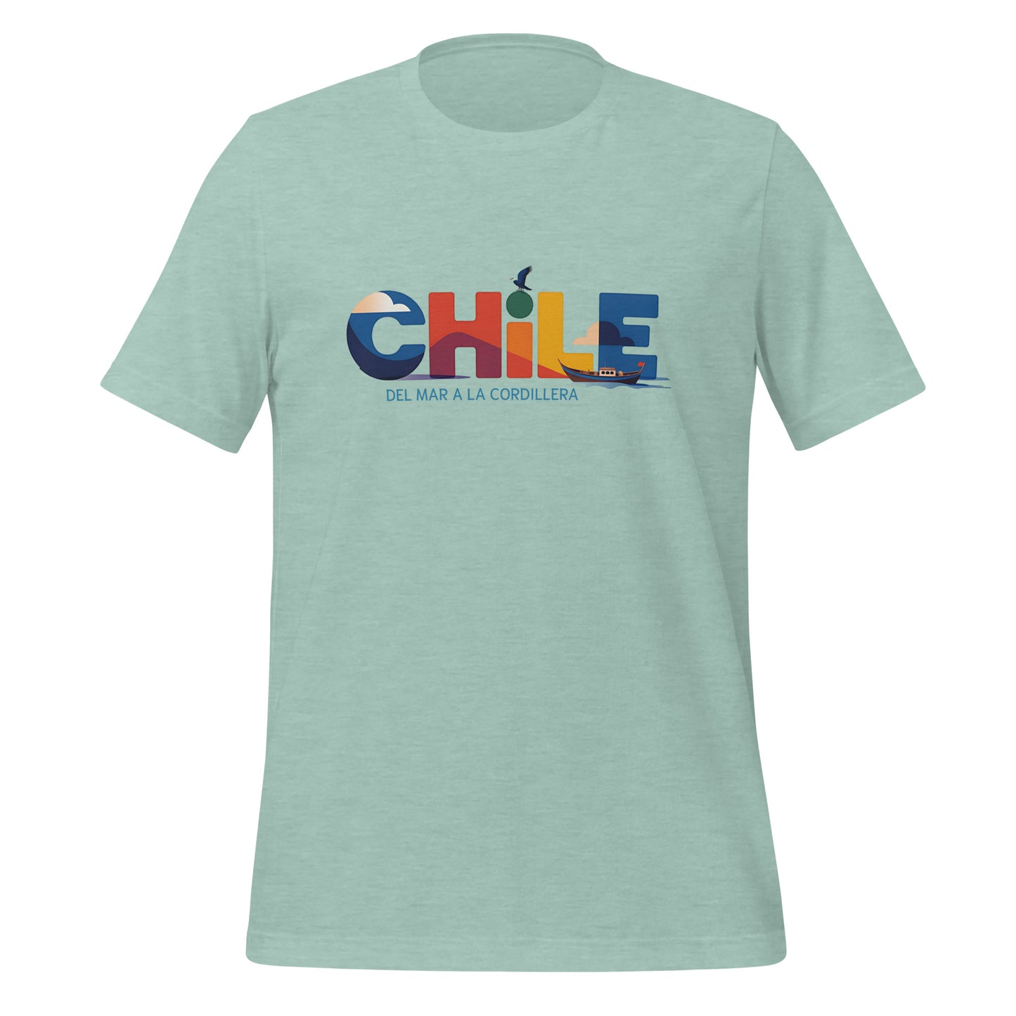 T-shirt con diseño colorido del país Chile con texto “Chile – Del Mar a la Cordillera”.