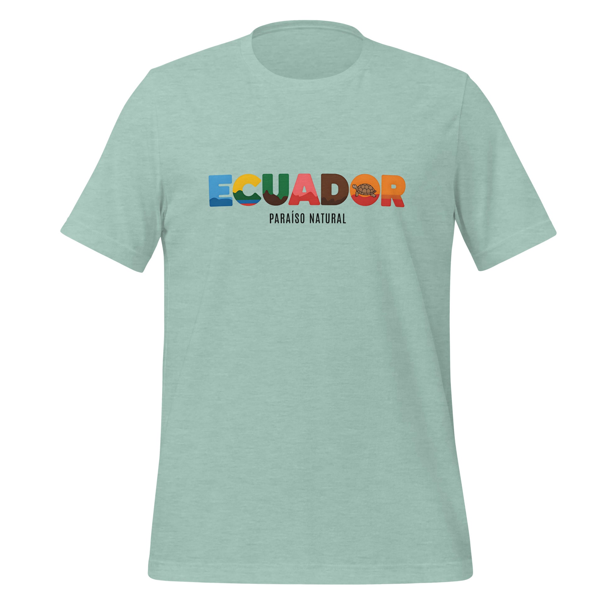 T-shirt con diseño colorido del país Ecuador con texto “Ecuador – Paraíso Natural”.