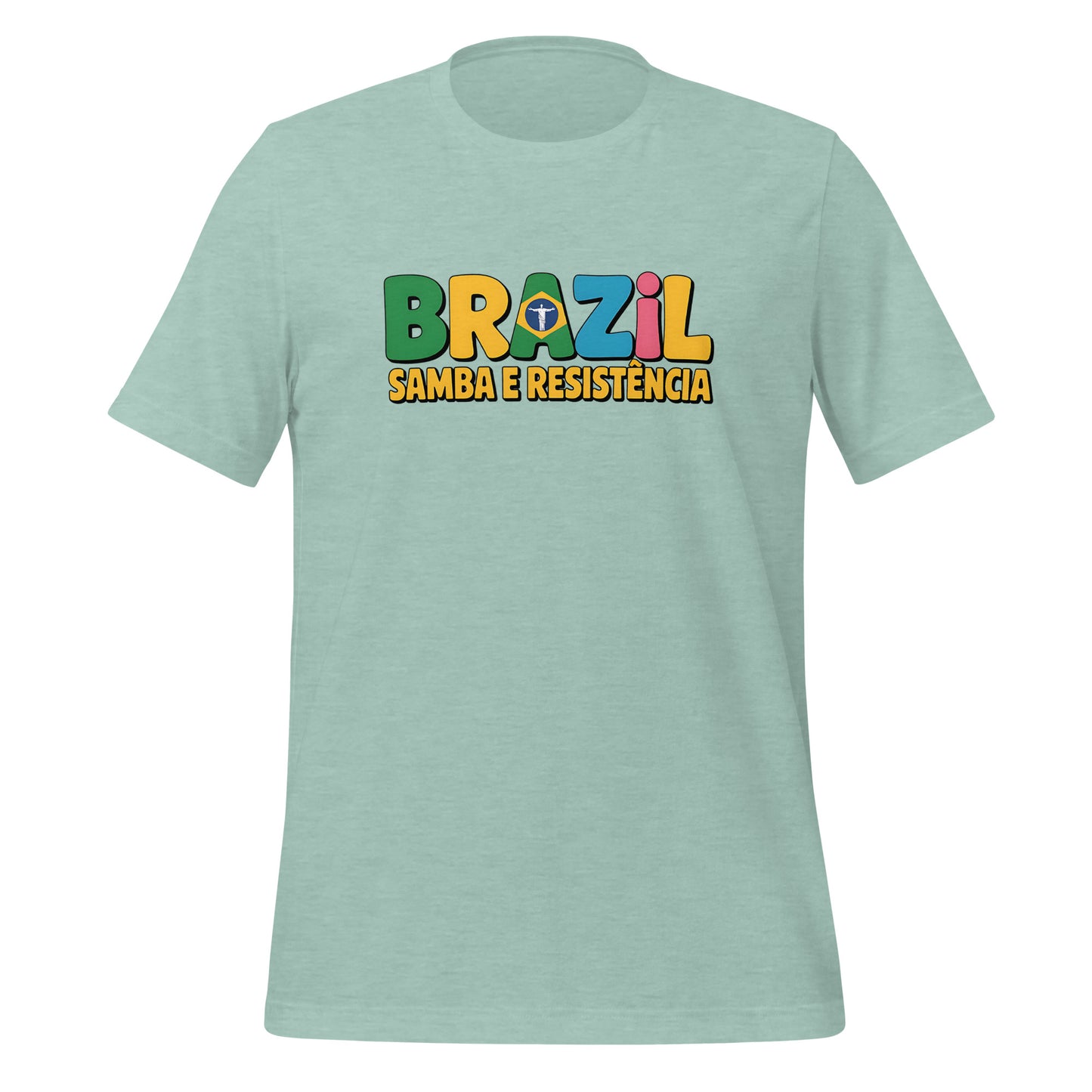 T-shirt con diseño colorido del país Brazil con texto “Brazil – Samba e Resistência”.