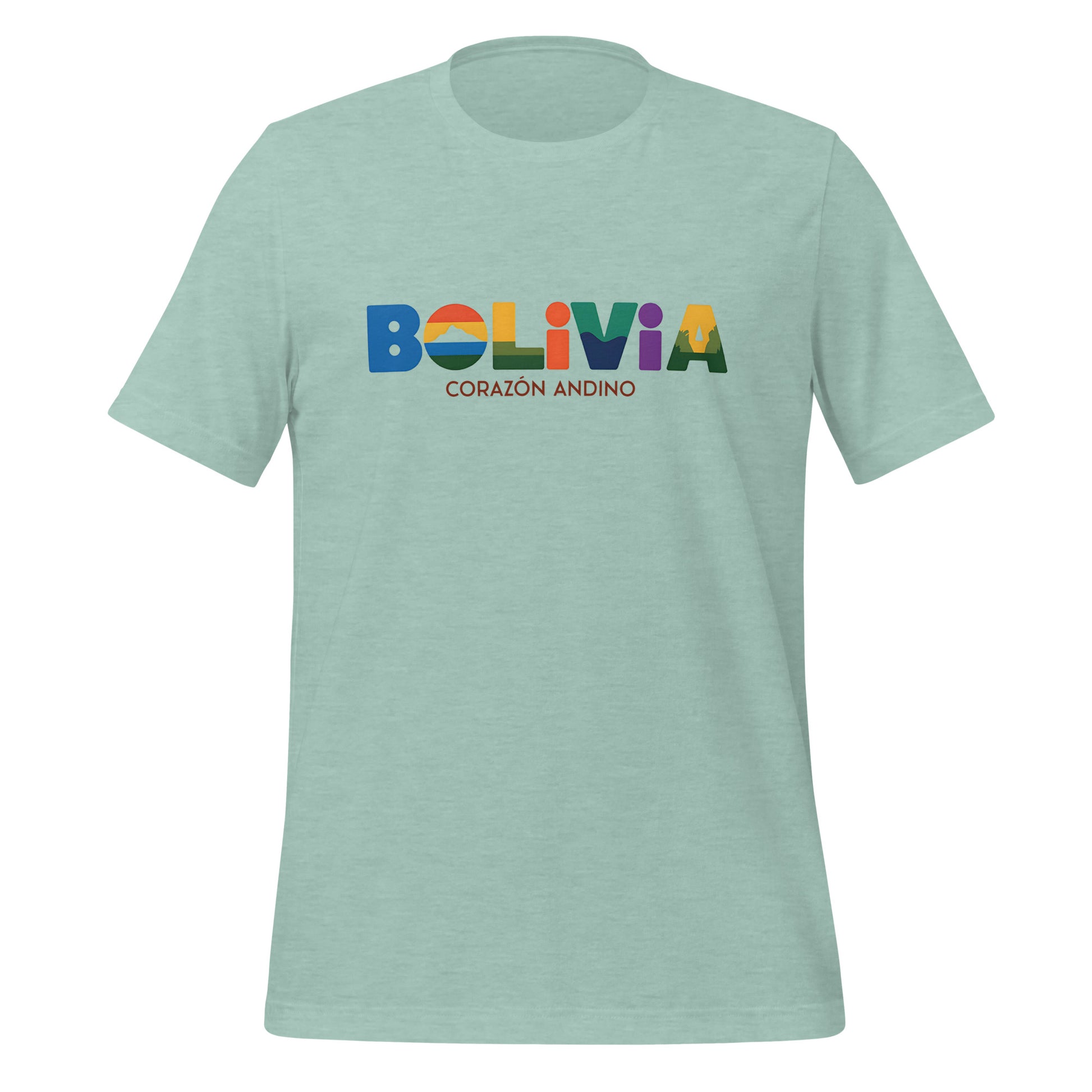 T-shirt con diseño colorido del país Bolivia con texto “Bolivia – Corazón Andino”.
