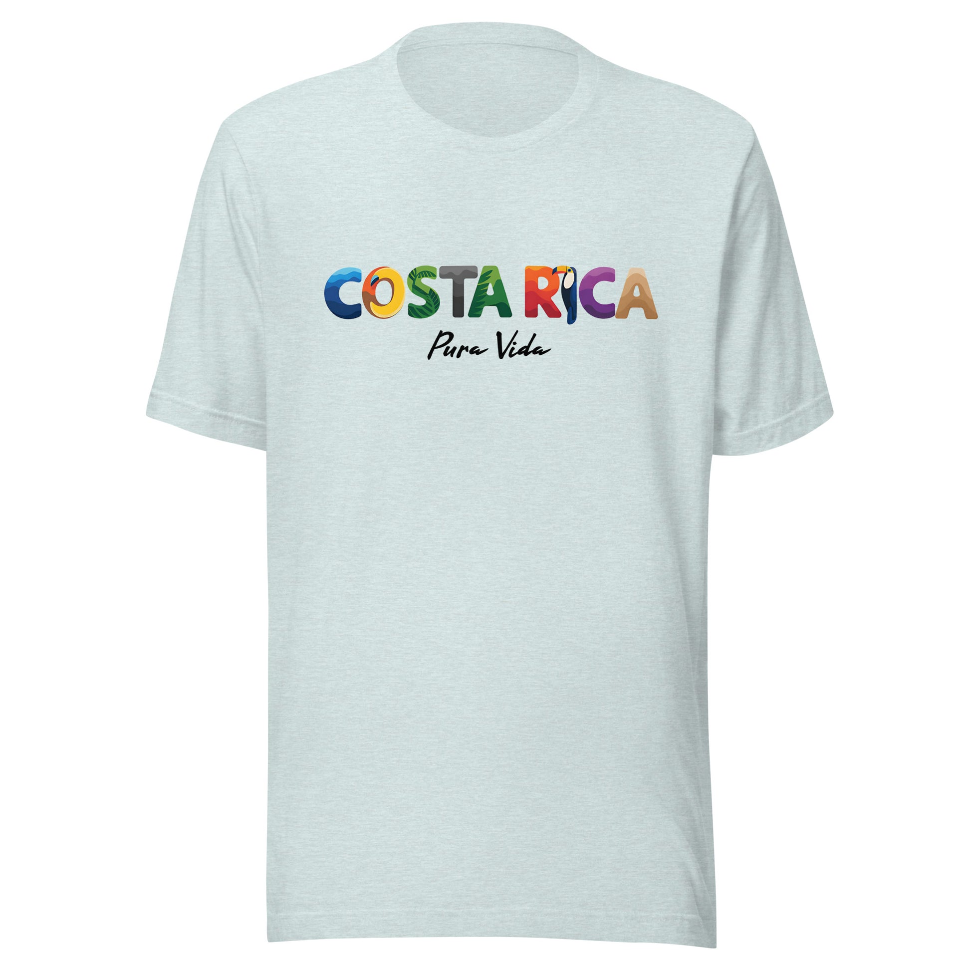 T-shirt con diseño colorido del país Costa Rica con texto “Costa Rica – Pura Vida”.