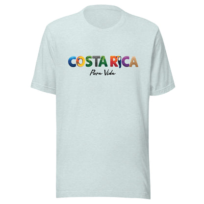 T-shirt con diseño colorido del país Costa Rica con texto “Costa Rica – Pura Vida”.