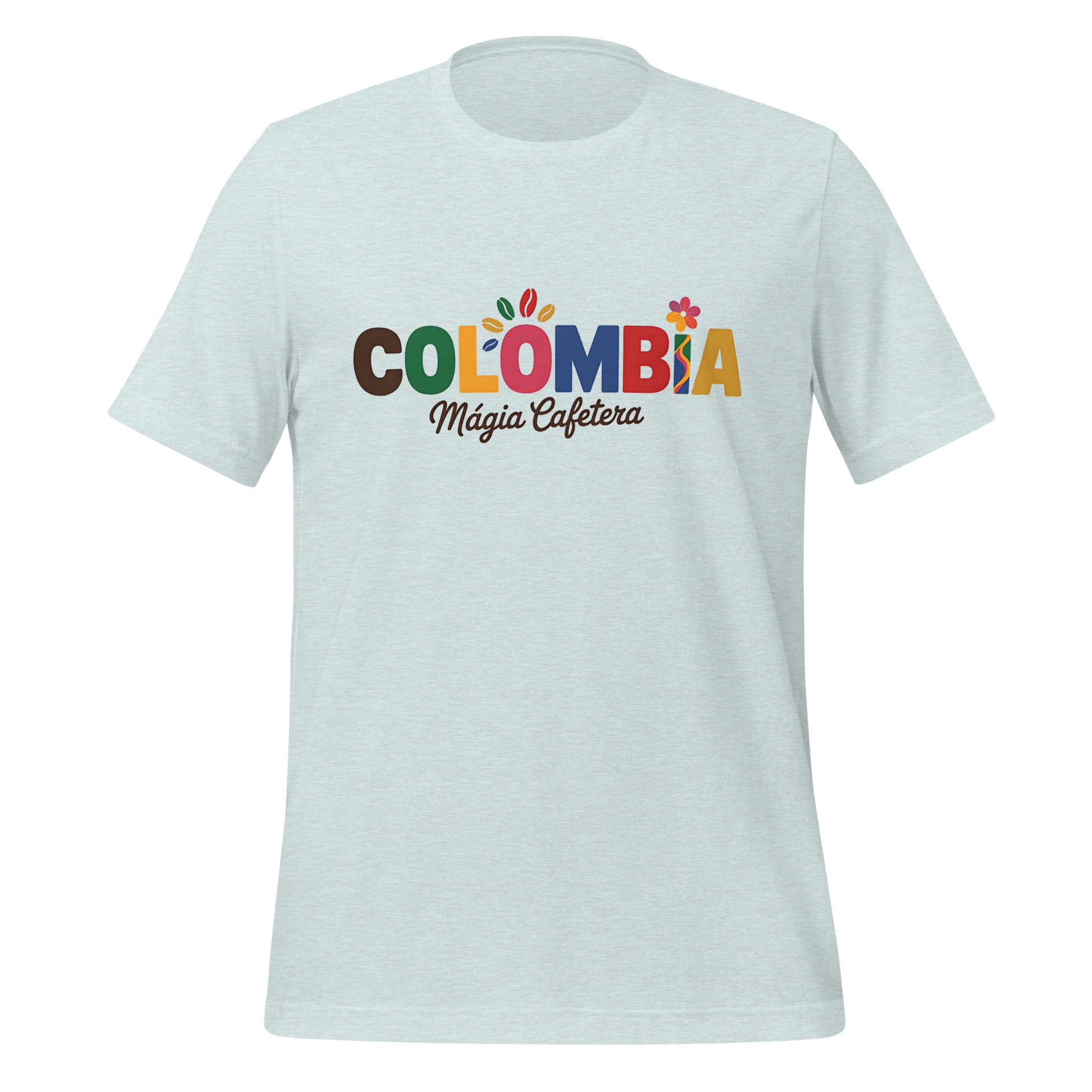T-shirt con diseño colorido del país Colombia con texto “Colombia – Magia Cafetera”.