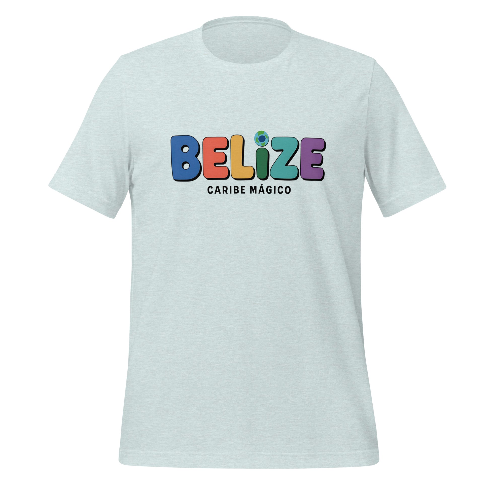 T-shirt con diseño colorido del país Belize con texto “Belize – Caribe Mágico”.