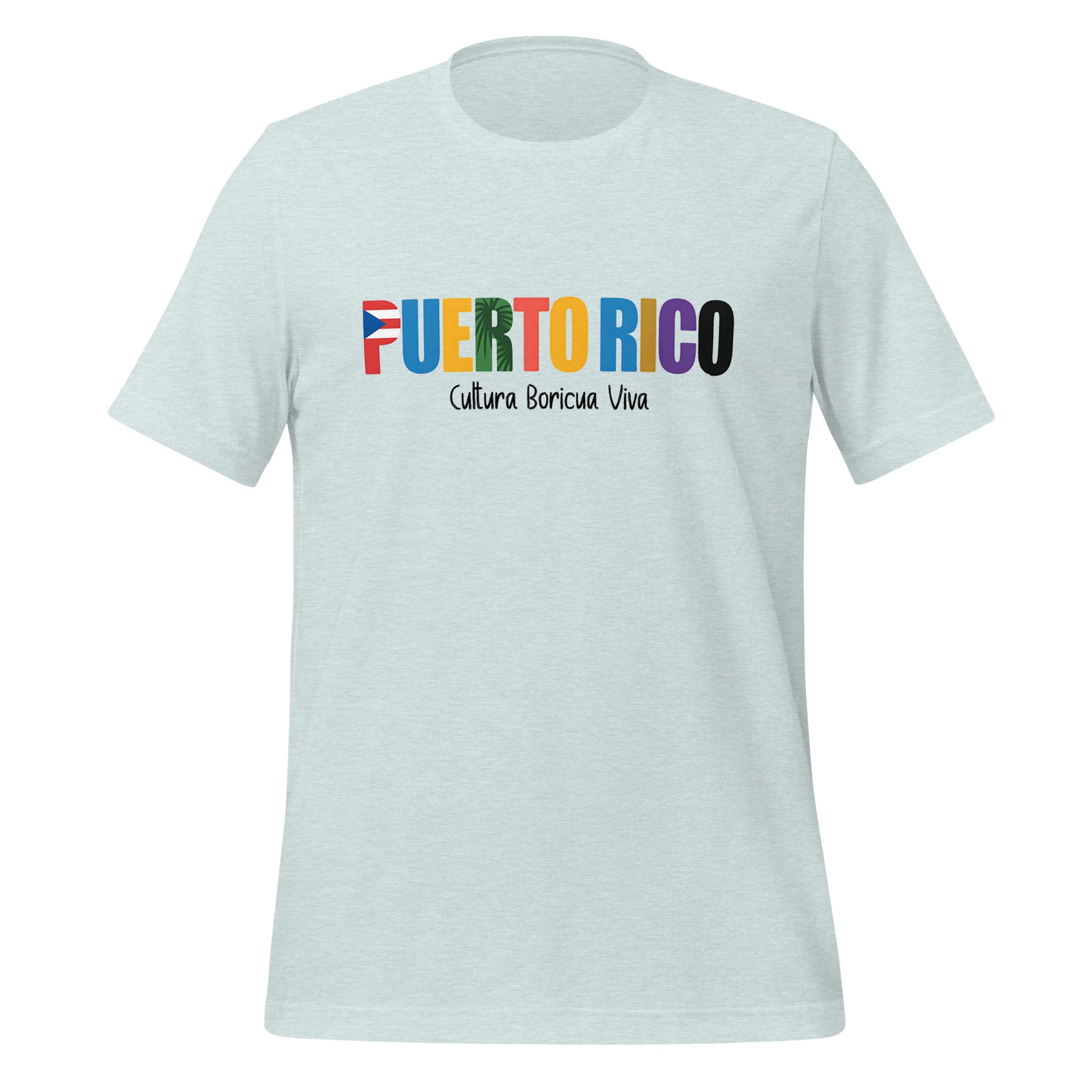 T-shirt con diseño colorido del país Puerto Rico con texto “Puerto Rico – Cultura Boricua Viva”.