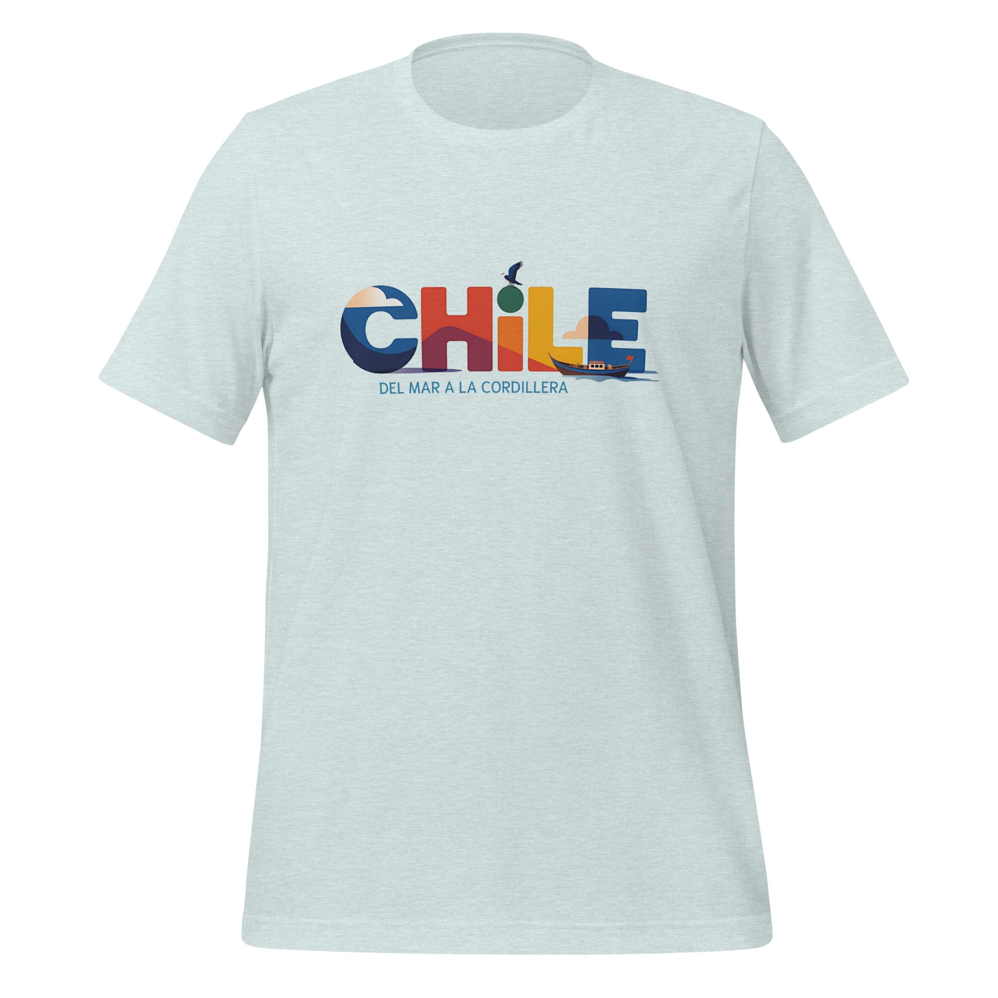 T-shirt con diseño colorido del país Chile con texto “Chile – Del Mar a la Cordillera”.