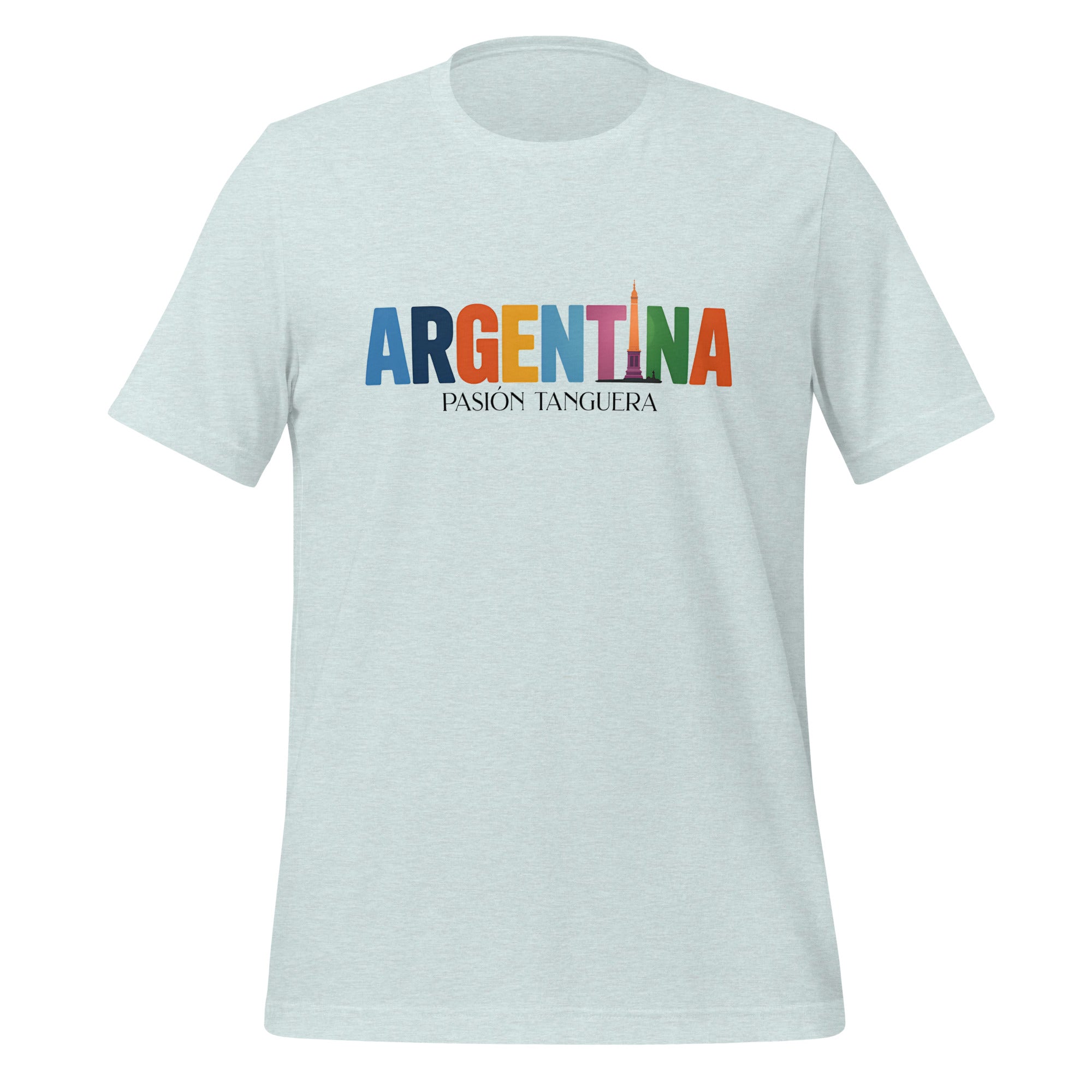 T-shirt con diseño colorido del país Argentina con texto “Argentina – Pasión y Cultura”.
