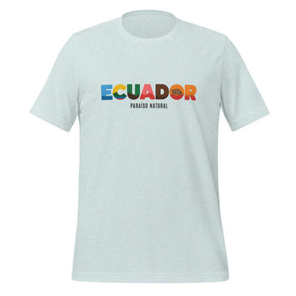 T-shirt con diseño colorido del país Ecuador con texto “Ecuador – Paraíso Natural”.
