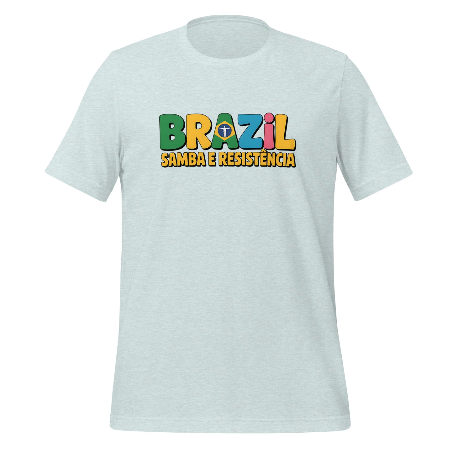 T-shirt con diseño colorido del país Brazil con texto “Brazil – Samba e Resistência”.