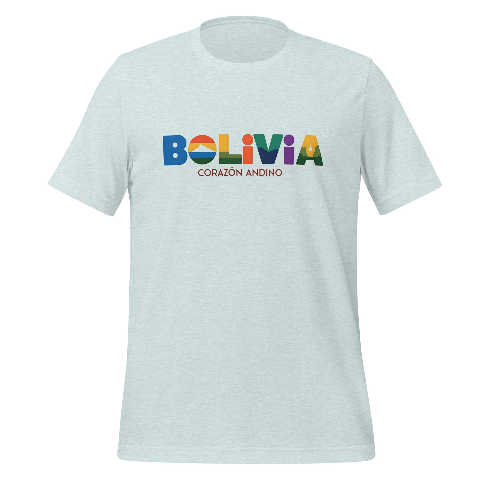 T-shirt con diseño colorido del país Bolivia con texto “Bolivia – Corazón Andino”.