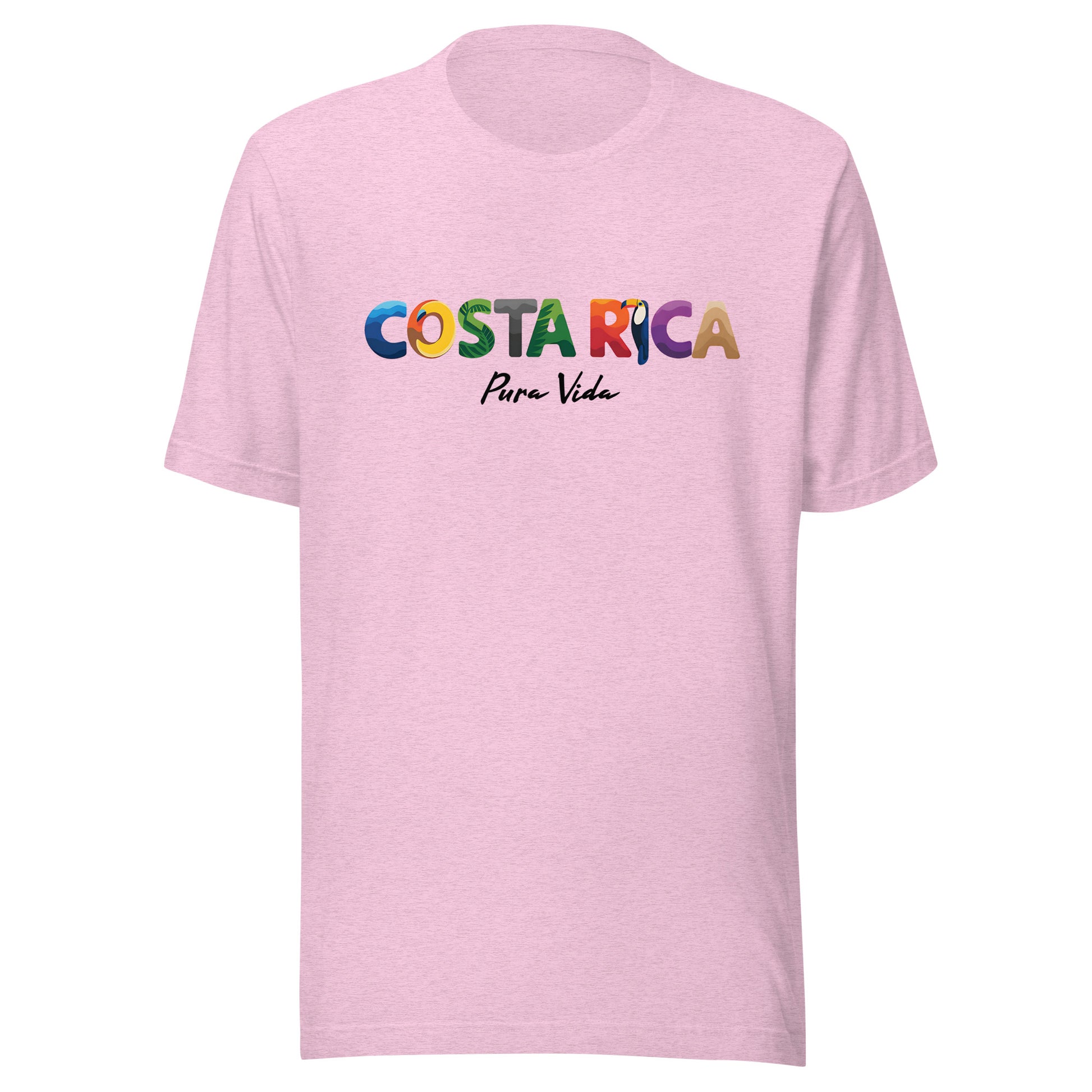 T-shirt con diseño colorido del país Costa Rica con texto “Costa Rica – Pura Vida”.
