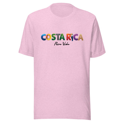 T-shirt con diseño colorido del país Costa Rica con texto “Costa Rica – Pura Vida”.
