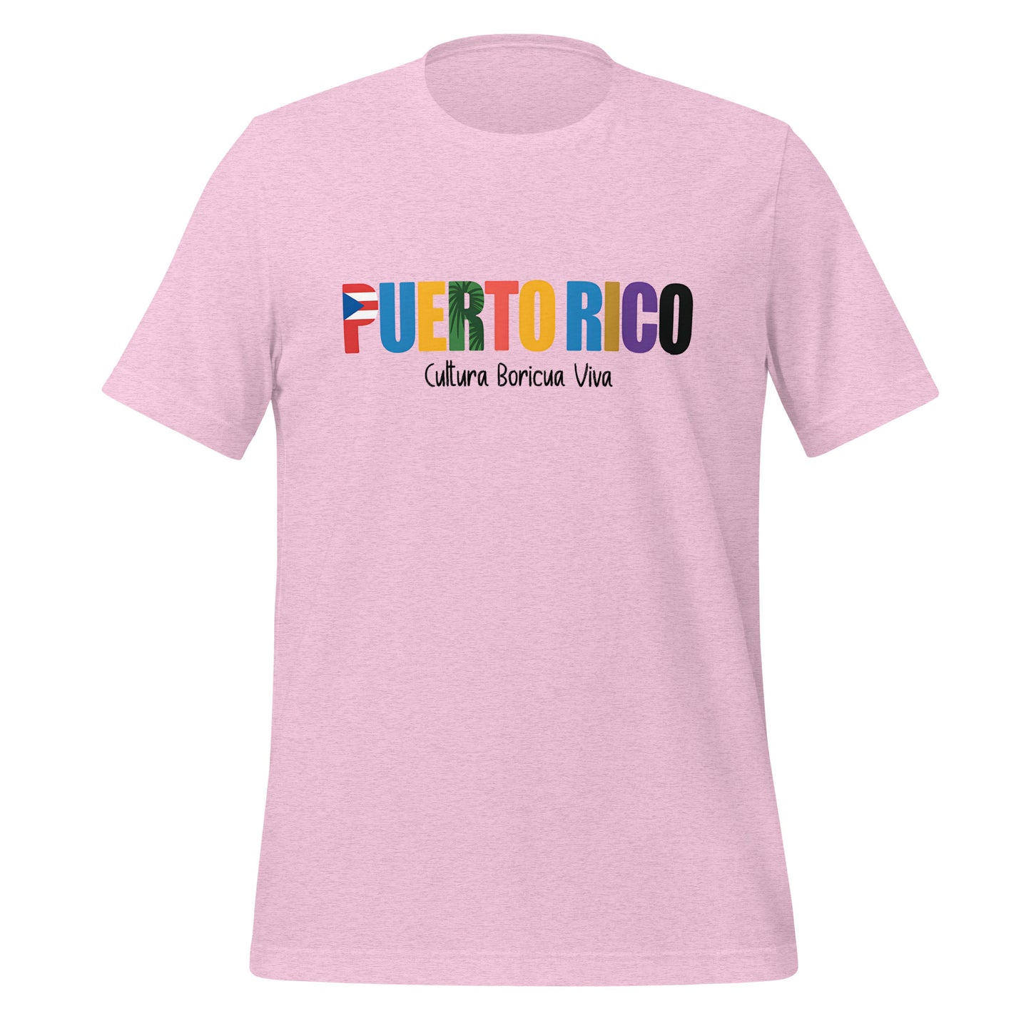 T-shirt con diseño colorido del país Puerto Rico con texto “Puerto Rico – Cultura Boricua Viva”.