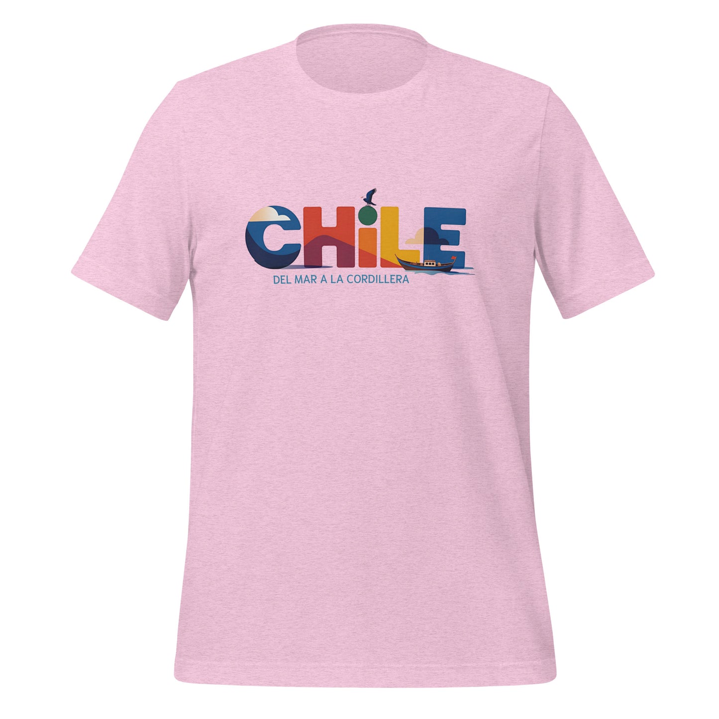 T-shirt con diseño colorido del país Chile con texto “Chile – Del Mar a la Cordillera”.
