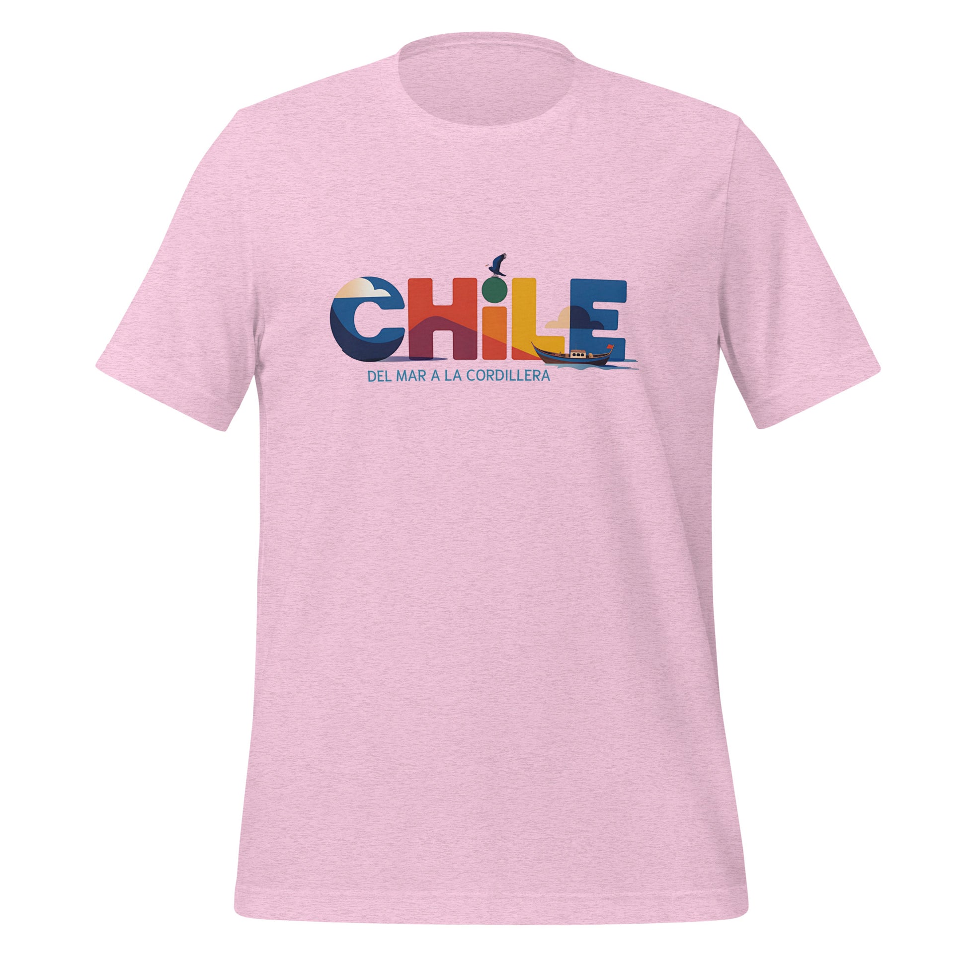 T-shirt con diseño colorido del país Chile con texto “Chile – Del Mar a la Cordillera”.