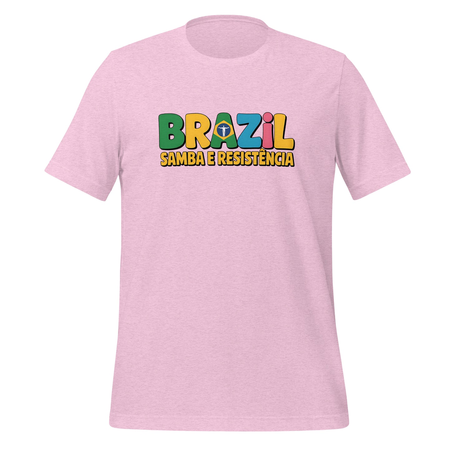 T-shirt con diseño colorido del país Brazil con texto “Brazil – Samba e Resistência”.
