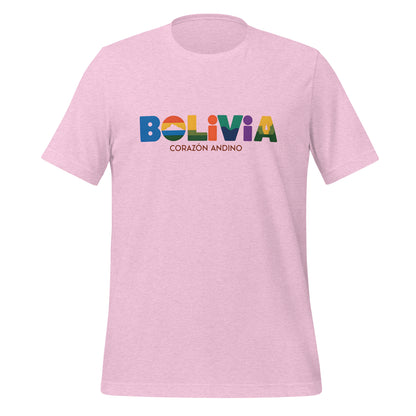 T-shirt con diseño colorido del país Bolivia con texto “Bolivia – Corazón Andino”.